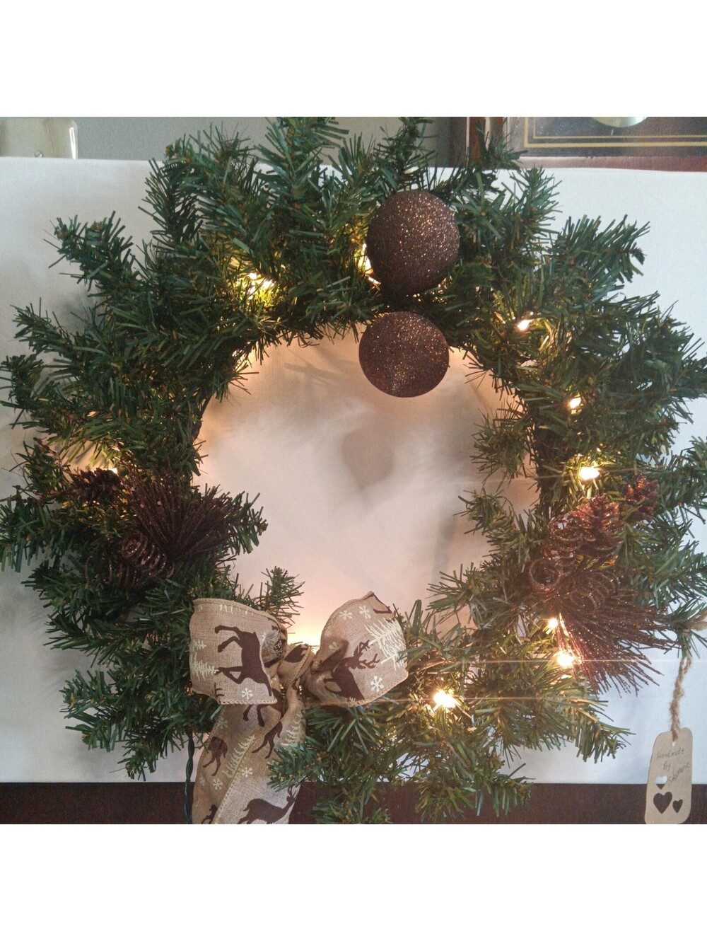 20" Pre-Lit Artificial Christmas Wreath deer Burlap Bow Brown glitter Ornaments